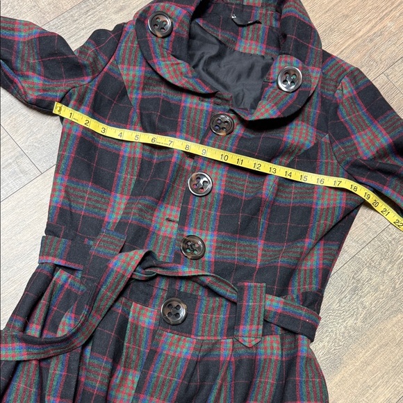 Funky Plaid Women's Plaid Wool Blend Trench Pleated Bottom Pea Coat Large Button - Picture 6 of 9